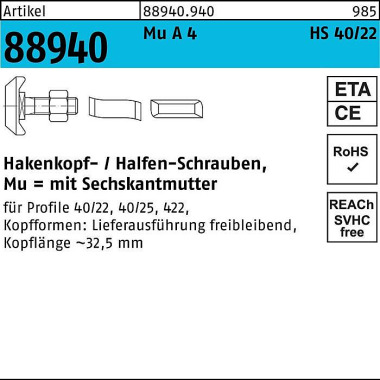 Hammerkopfschraube R 8894 0 40/22 6-ktmutter M12x 3 0 Mu A 4 25St. HALFEN 889409400120030