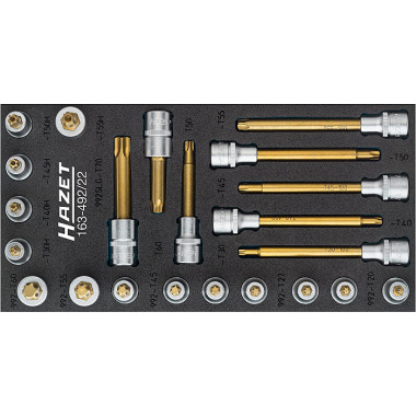 HAZET TORX® skruetrækker fatningssæt, indvendig firkant (Robertson) 12,5 = 1/2??, 22 stykker - firkantet hul 12,5 mm (1/2 tomme) - indvendig TORX® profil, manipulationssikret TORX® profil - antal værktøjer: 22 163-492/22