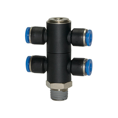 Riegler T-manifold »Blå serie«, 4-vejs, drejelig, R 1/8 a. Ø8mm 109757