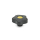 Ganter Star Knobs with Colored Cover Caps, Plastic, Bushing Brass 5337.2-32-M5-E-DGB