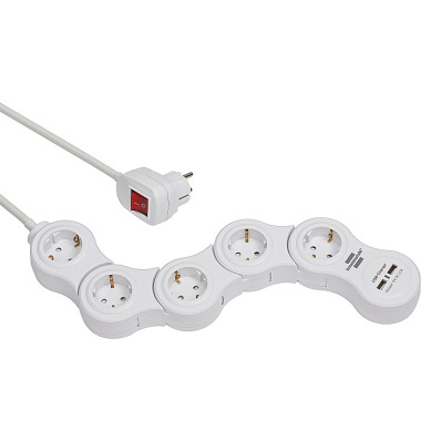 Brennenstuhl Vario Power Steckdosenleiste mit USB-Ladefunktion / Bewegliche Steckdosenleiste 5-fach (1,4m Kabel, mit Schalter und 2 USB Ladebuchsen) weiß 1155350210