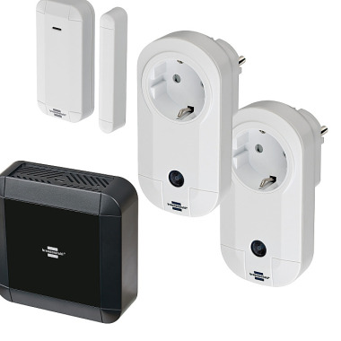 Brennenstuhl BrematicPRO Starter Set Schalten (Smart Home Set: Smart Home Zentrale, 1x Funk Tür-/Fensterkontakt, 2x Funk-Schaltadapter) 1294810