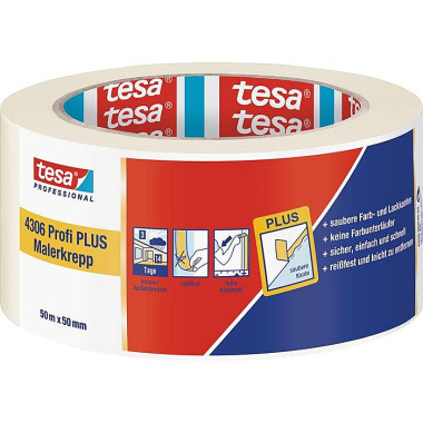 Tesa Malerkreppband 4306 Profi PLUS leicht gekreppt hellbeige L.50m B.50mm Rl.TESA 04306-00046-02