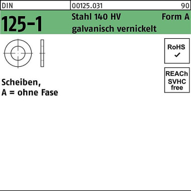 Unterlegscheibe DIN 125-1 A 5,3x10x1 Stahl 140 HV galv. vernickelt 1000St. 001250310053000