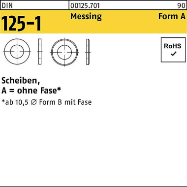 Unterlegscheibe DIN 125-1 A 4,3x 9x0,8 Messing 100 0 Stück 001257010043000