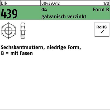 Sechskantmutter DIN 439/I SO 4035 FormB BM 2,5 Auto matenstahl galv.verz. 100 0St. 004394120025000