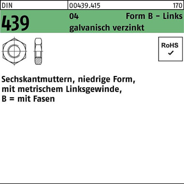 Sechskantmutter DIN 439 F ormB links BM 36 Automate nstahl galv.verz. 10St. 004394150360000