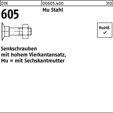 Senkschraube DIN 605 4-kt ansatz/6-ktmutter M10x 60 Mu Stahl 4.6 100Stück 006054000100060