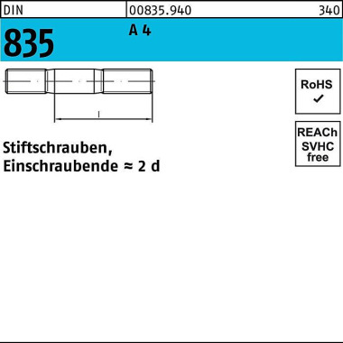 Stiftschraube DIN 835 M12 x 50 A 4 Einschraubende=2 d 10 Stück 008359400120050