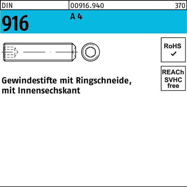 Gewindestift DIN 916 Ring schn./Innen-6kt M16x 35 A 4 10 Stück 009169400160035