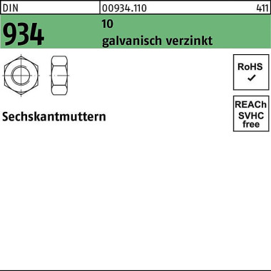 Sechskantmutter DIN 934 M 20 10 galv.verz. 50 Stück 009341100200000