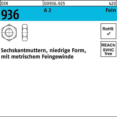 Sechskantmutter DIN 936 M 16x 1,5 A 2 25 Stück 009369250160150