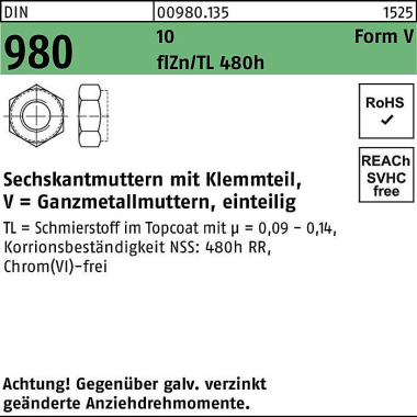 Sechskantmutter DIN 980 K lemmteil VM 18 10 flZnnc 480h-L 50St. 009801350180000