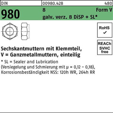 Sechskantmutter DIN 980 K lemmteil V M5 8 galv.verz . 8 DISP 1000Stück 009804280050000