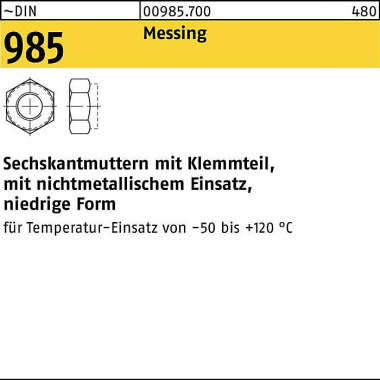 Sechskantmutter DIN 985 K lemmteil M5 Messing 100 S tück 009857000050000