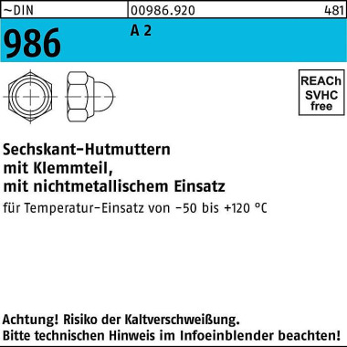 Sechskanthutmutter DIN 98 6 Klemmteil M12 SW 19 A 2 50 Stück 009869200120000