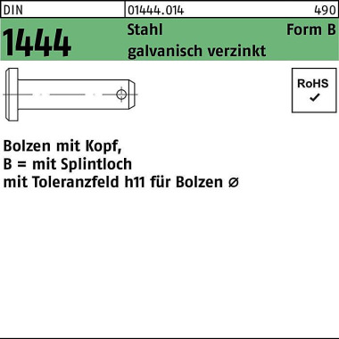 Bolzen DIN 1444/ISO 2341 Kopf/Splintloch B 8x20/16 ,5 Stahl galv.verz. 100St . 014440140080020