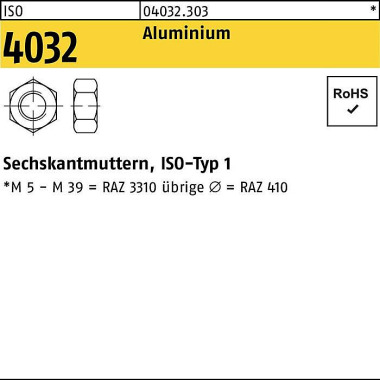 Sechskantmutter ISO 4032 M16 Aluminium 50 Stück 040323030160000