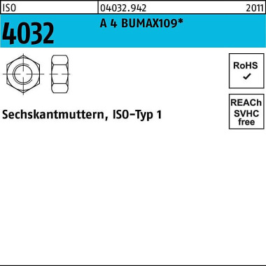 Sechskantmutter ISO 4032 M8 A 4 BUMAX109 100 Stück BUFAB 040329420080000