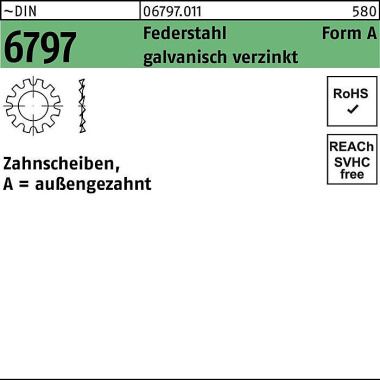 Zahnscheibe DIN 6797 Form A außengezahnt A 6,4 Fede rstahl galv.verz. 500St. 067970119064000