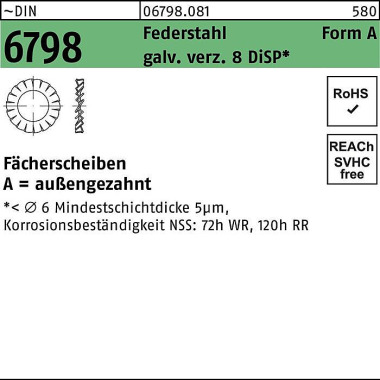 Fächerscheibe DIN 6798 Fo rmA außengezahnt A 5,3 Fe derstahl verz. 8 DiSP 300 0St. 067980810053000