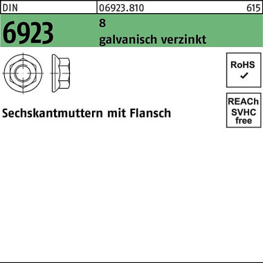 Sechskantmutter DIN 6923 Flansch M12 8 galv.verz. 250 Stück 069238100120000