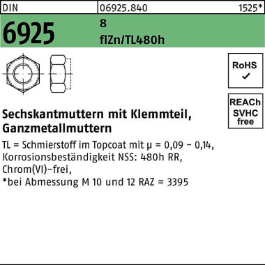 Sechskantmutter DIN 6925 Klemmteil M8 8 zinklamell enbes. flZnnc 480h-L 500S t. 069258400080000