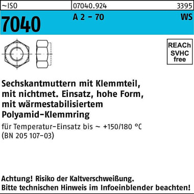 Sechskantmutter ISO 7040 Klemmteil M5 A 2 - 70 bra uner Ring 100 Stück 070409249050000