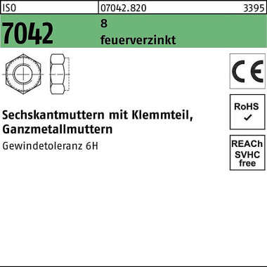 Sechskantmutter ISO 7042 Klemmteil M12 8 feuerverz . 100 Stück 070428200120000