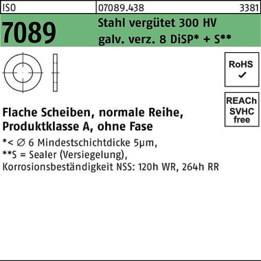 Unterlegscheibe ISO 7089 o.Fase 16 Stahl 200 HV ga lv.verz. 8 DiSP+S 100 Stü ck 070894380160000