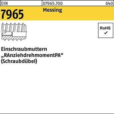 Einschraubmutter DIN 7965 M10x 20 Messing 100 Stüc k 079657000100020