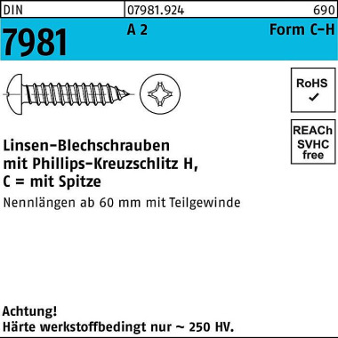 Blechschraube DIN 7981 LI KO PH C 2,2x 6,5-H A 2 10 00 Stück 079819240022006