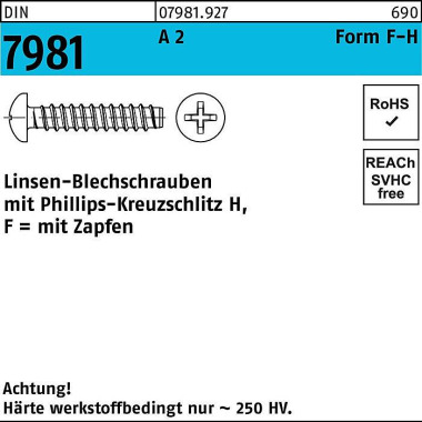 Blechschraube DIN 7981 LI KO PH 3,9x13 -F-H A 2 Zap fen 1000Stück 079819270039013