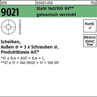 Scheibe DIN 9021 6,4x 18x 1,6 Stahl 140/100 HV galv .verz. 250 Stück 090210109064000