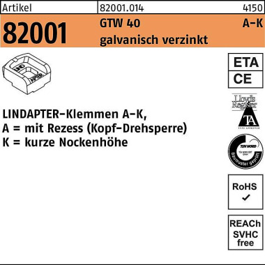 Klemmen R 82001 GTW 40 KM 20/7,0 galv.verz. 1 Stüc k LINDAPTER 820010140200000