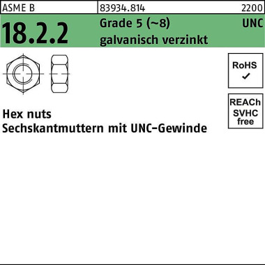 Sechskantmutter R 83934 U NC-Gewinde 5/8 Grade 5 (~ 8) galv.verz. 50St. 839348140580000