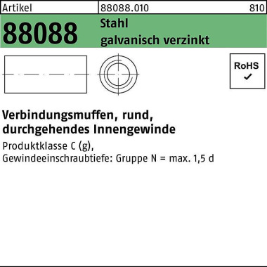 Verbindungsmuffe R 88088 rund IG M10x30x13 Stahl g alv.verz. durchg. IG 100S t. 880880100100030