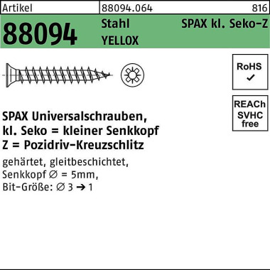 Schraube R 88094 SEKO kl. Spitze/PZ 3x10/7-Z Stahl galv.verz. gelb 1000St. SPAX 880940640030010