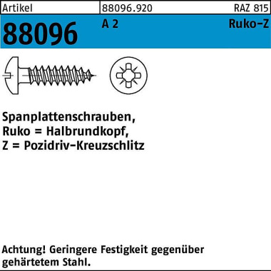 Spanplattenschraube R 880 96 Halbrundkopf PZ 3,5x35 -Z A 2 1000St. 880969200035035