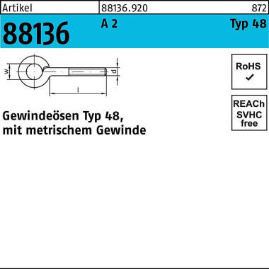 Gewindeöse R 88136 Typ 48 M8x 20 D 12 A 2 50 Stück 881369200080020