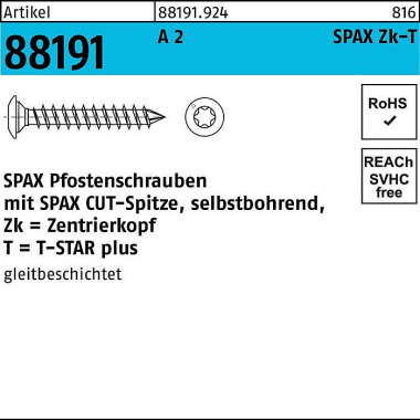 Pfostenschraube R 88191 S elbstbohrend 8x 50/45-T40 A 2 50 Stück SPAX 881919240080050