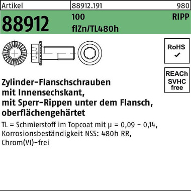 Zylinderflanschschraube R 88912 Sperr-Ripp In.-6kt M12x50 100 flZnnc480h-L 100St 889121910120050