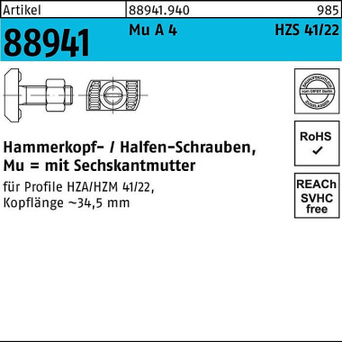 Hammerkopfschraube R 8894 1 HZS41/22 6-ktmutter M12 x80 Mu A 4 25St. HALFEN 889419400120080