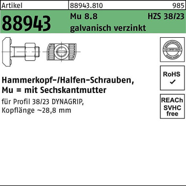 Hammerkopfschraube R 8894 3 6-ktmutter M16x150 Mu 8 .8 galv.verz. 25St. HALFE N 889438100160150