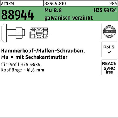 Hammerkopfschraube R 8894 4 6-ktmutter M20x100 Mu 8 .8 galv.verz. 25St. HALFE N 889448100200100