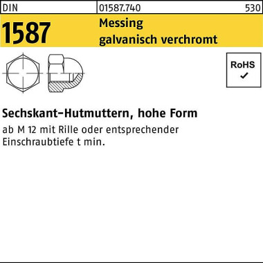 Sechskanthutmutter DIN 15 87 M14 Messing galv. verc hromt 50 Stück 015877400140000