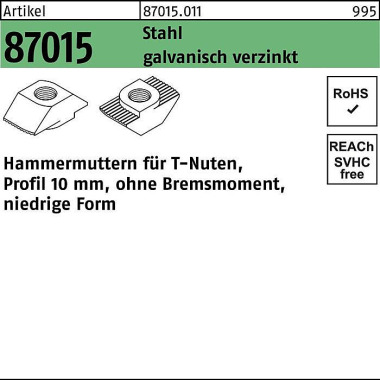 Hammerkopfmutter R 87015 o.Bremsmoment niedrig 10m m M6 Stahl galv.verz. 100 0St. 870150110060000