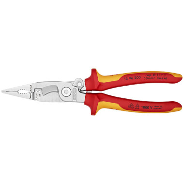 Knipex Elektro-Installationszange 200 mm verchromt isoliert mit Mehrkomponenten-Hüllen, VDE-geprüft 13 96 200 SB