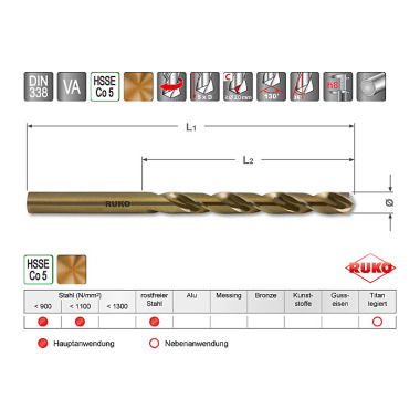 Ruko Spiralbohrer DIN 338 1,3 mm HSS-Co 215013