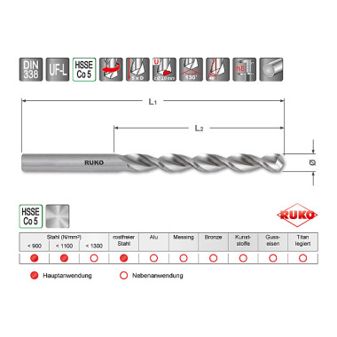 Ruko Spiralbohrer DIN 338 Typ UF-L HSSE Co 5 283125E